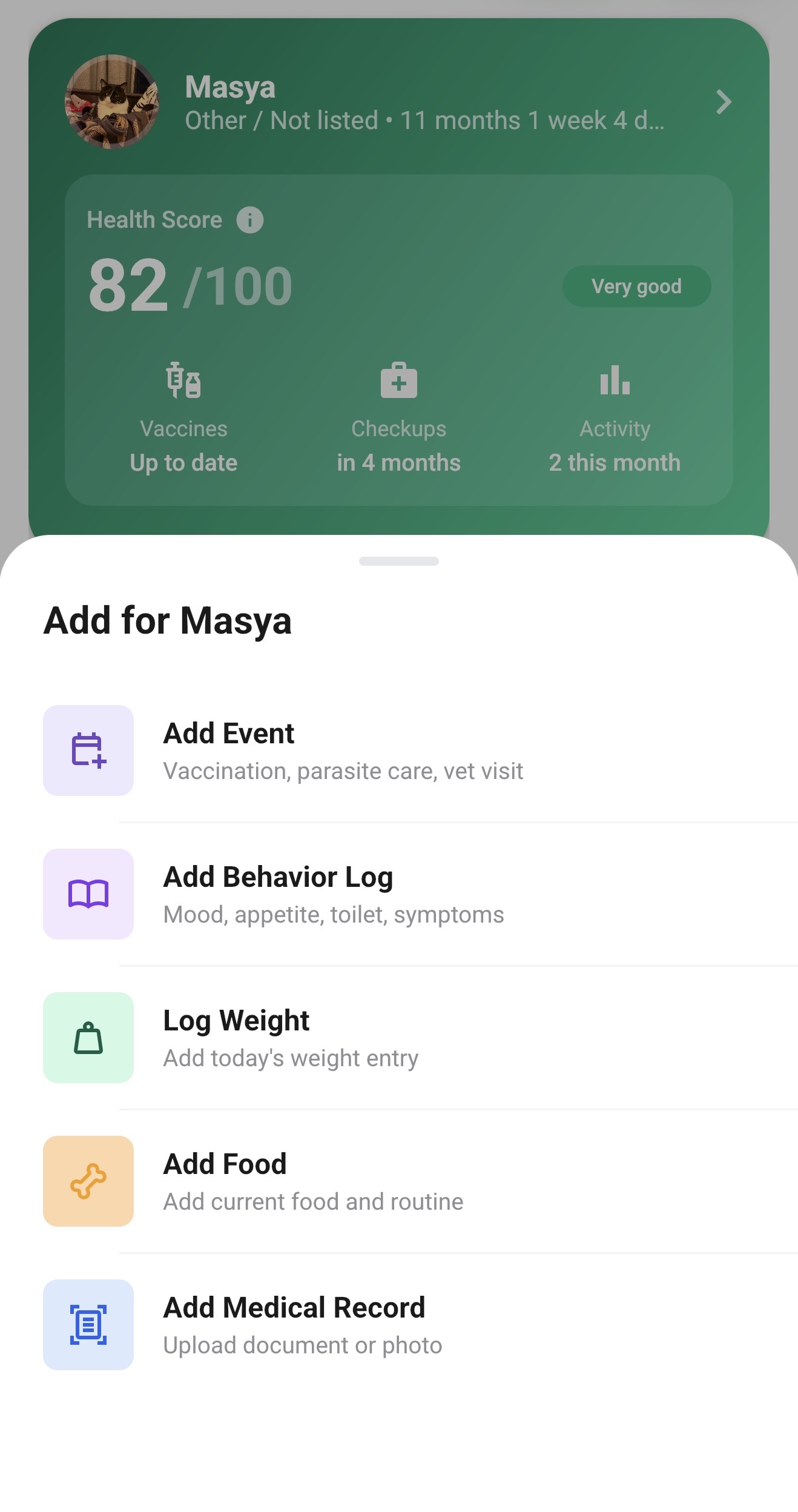 PetNid bottom sheet showing Add Event option